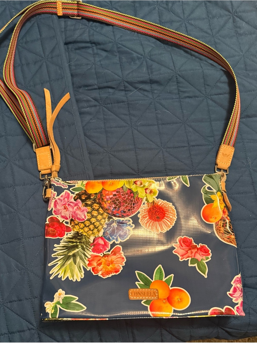 Consuela Navy Crossbody with Multicolor Floral & Fruit Patches